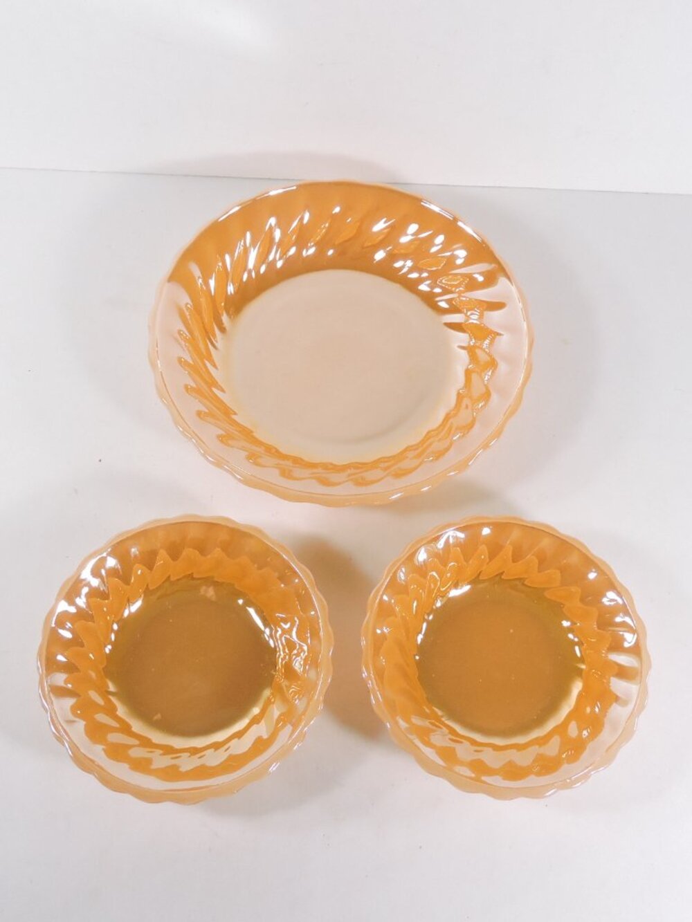 3 Vintage Fire King Peach Lustre "Swirl" Bowls - One 8" & Two 5"